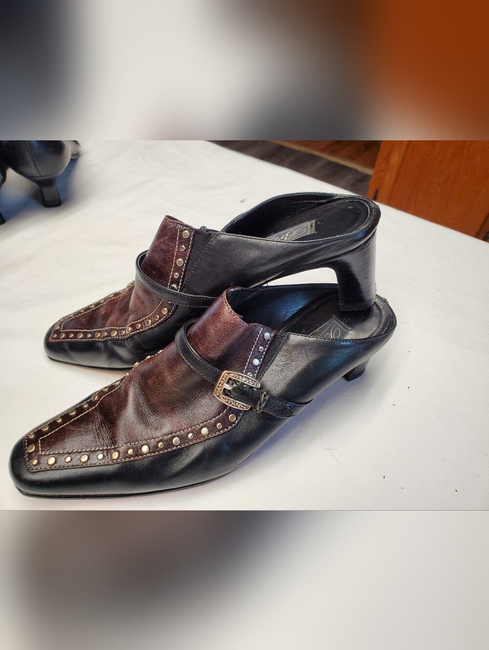 Brighton Footwear Tempe Studded Leather Mule Heels Women's 7.5N Black Brown